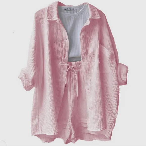 Mapcie Light Pink Gauze 2pc Long Sleeve Top and Shorts Set - Picture 1 of 2